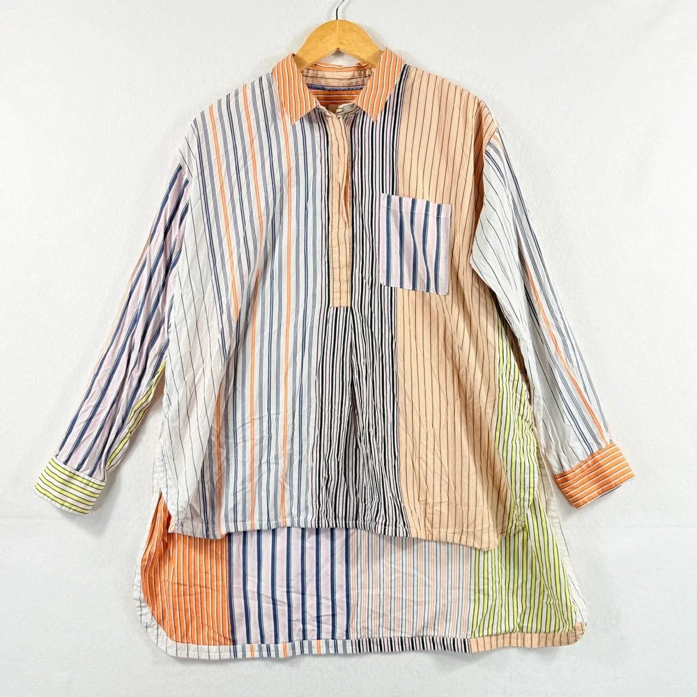 Maeve Striped Tunic Women Medium Multi Mixed Stripe Boho Coastal Top Loose Flowy
